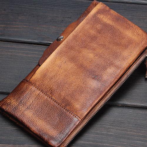Handmade Leather Mens Cool Long Leather Wallet Wristlet Clutch Wallet for Men