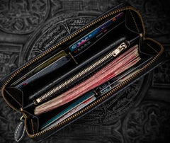 Handmade Leather Mens Chinese Handwriting Biker Chain Wallet Cool Leather Wallets Long Wallets for Men