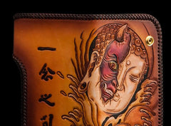 Handmade Leather Tooled Buddha&Demon Mens Chain Long Biker Wallet Cool Leather Wallet With Chain Wallets for Men