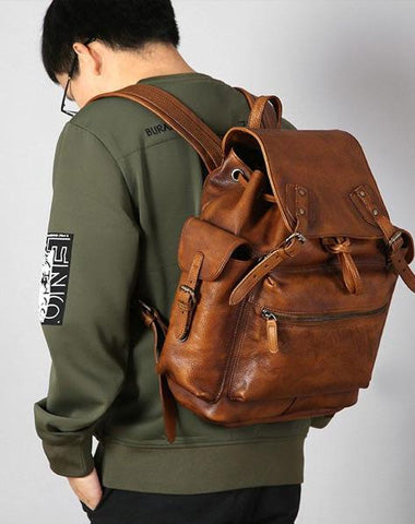 Handmade Leather Mens Cool Backpack Large Travel Backpack Hiking Backpack for Men
