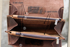 Handmade vintage rustic brown leather clutch long ID cards zip holders wallet for men