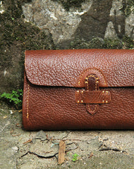 Handmade vintage rustic brown leather clutch long ID cards zip holders wallet for men