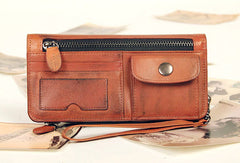 Handmade vintage rustic orange leather clutch long ID cards zip holders wallet for men - EverHandmade