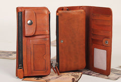 Handmade vintage rustic orange leather clutch long ID cards zip holders wallet for men - EverHandmade