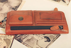 Handmade vintage rustic orange leather clutch long ID cards zip holders wallet for men - EverHandmade
