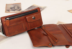 Handmade vintage rustic orange leather clutch long ID cards zip holders wallet for men - EverHandmade