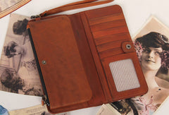Handmade vintage rustic orange leather clutch long ID cards zip holders wallet for men - EverHandmade