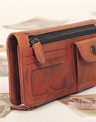 Handmade vintage rustic orange leather clutch long ID cards zip holders wallet for men - EverHandmade