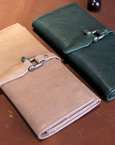 Handmade vintage purse leather wallet long wallet clutch wallet green beige women - EverHandmade