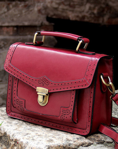 Handmade vintage satchel leather messenger bag white red shoulder bag for women - EverHandmade