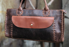 Handmade vintage rustic modern dark brown leather shoulder bag handbag for women