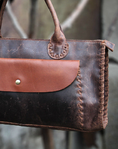 Handmade vintage rustic modern dark brown leather shoulder bag handbag for women