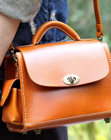 Handmade vintage satchel leather normal messenger bag orange shoulder bag handbag for women - EverHandmade