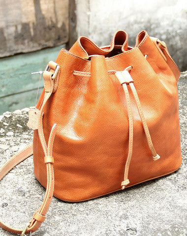 Handmade vintage bucket leather black bag orange shoulder bag crossbody for women - EverHandmade