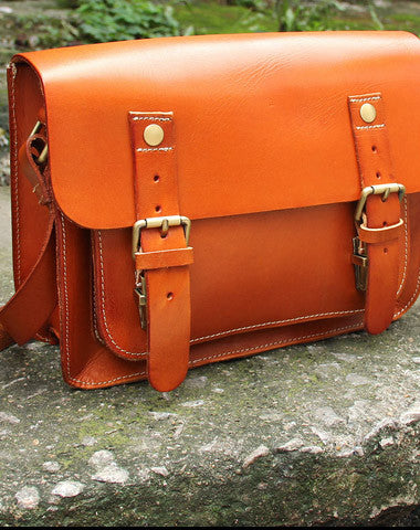 Handmade vintage satchel leather messenger bag orange black beige shoulder bag for women - EverHandmade