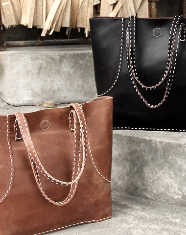Handmade vintage rustic leather normal size tote bag shoulder bag handbag for women - EverHandmade