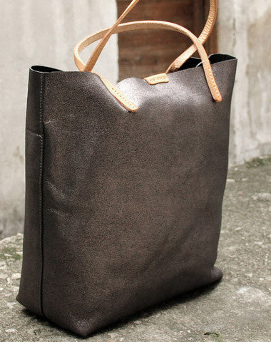 Handmade vintage Dark gray sliver leather normal tote bag shoulder bag handbag for women - EverHandmade