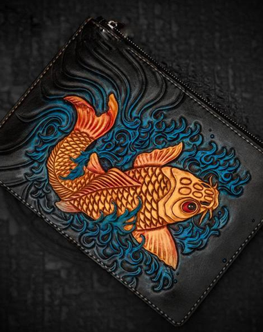 Handmade Leather Carp Tooled Wristlet Bags Mens Cool Leather Wallet Long Clutch for Men