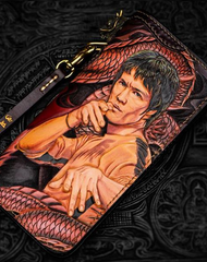 Handmade Leather Tooled Bruce Lee Black Mens Chain Biker Wallet Cool Leather Wallet Long Clutch Wallets for Men