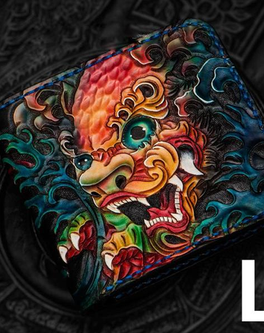 Handmade Leather Chinese Lion Tooled Mens Small Wallet Cool Slim billfold Wallet for Men