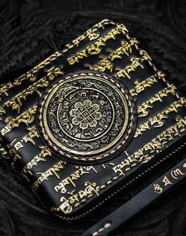 Handmade Leather Chain Wallet Tooled Tibetan Biker Wallet Mens Cool billfold Trucker Wallet with Chain