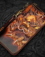 Handmade Leather Tooled Long Chinese Dragon Mens Chain Biker Wallet Cool Leather Wallet With Chain Wallets for Men