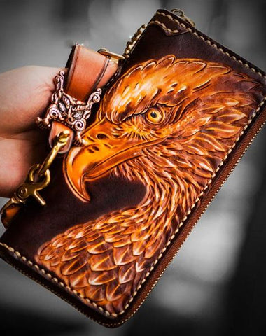 Handmade Leather Mens Tooled Eagle Chain Biker Wallet Cool Leather Wallets Long Wallets for Men