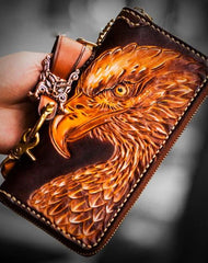 Handmade Leather Mens Tooled Eagle Chain Biker Wallet Cool Leather Wallets Long Wallets for Men