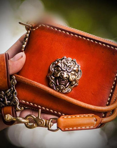 Handmade Leather Tibetan Tooled Mens billfold Wallet Cool Small Chain Wallet Biker Wallet for Men