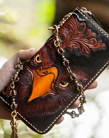 Handmade Leather Mens Tooled Eagle Chain Biker Wallet Cool Leather Wallet Long Clutch Wallets for Men