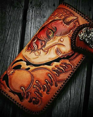 Handmade Leather Tooled Buddha&Demon Mens Chain Long Biker Wallet Cool Leather Wallet With Chain Wallets for Men