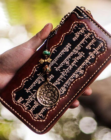 Handmade Leather Mens Tibetan Chain Biker Wallet Cool Leather Clutch Wallet Long Wallets for Men