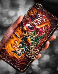 Handmade Leather Mens Tooled Buddha&Demon Chain Biker Wallet Cool Leather Wallet Long Clutch Wallets for Men