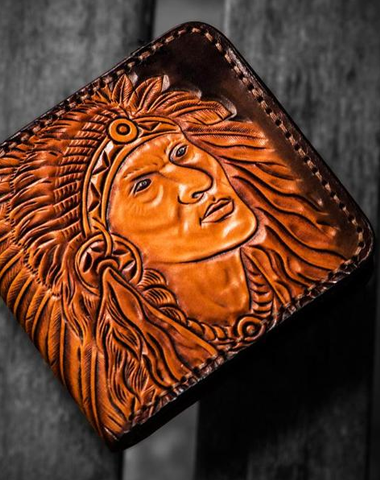 Handmade Leather Indian Chief Tooled Mens billfold Wallet Cool Leather Wallet Slim Wallet for Men