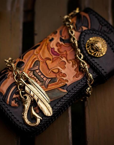Handmade Leather Tooled Prajna Mens Chain Biker Wallet Cool Leather Long Wallet With Chain Wallets for Men