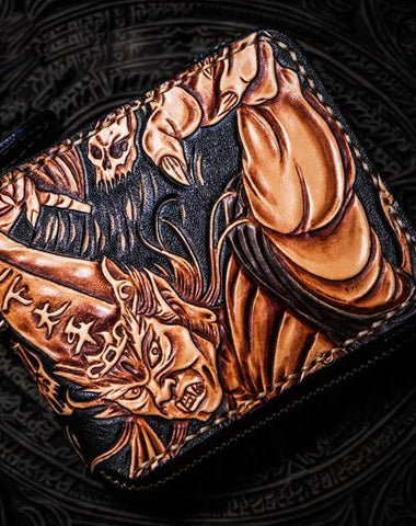 Handmade Leather Chinese Black&White Tooled Mens Small Wallet Cool Leather Wallet billfold Wallet for Men