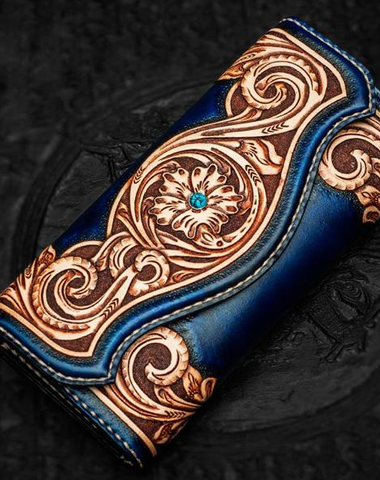 Handmade Leather Men Tooled Blue Floral Cool Leather Wallet Long Phone Clutch Wallets for Men