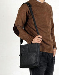 Black Leather Mens Cool Messenger Bag Shoulder Bag for men