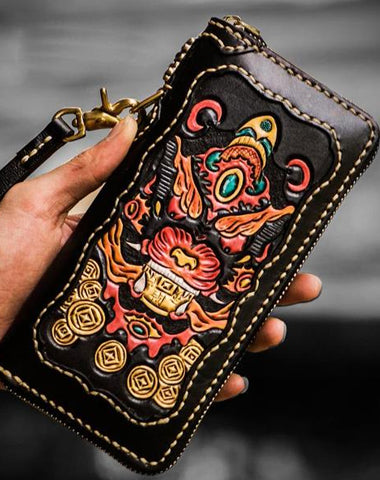 Handmade Leather Mens Tooled Monster Chain Biker Wallet Cool Leather Wallet Long Clutch Wallets for Men