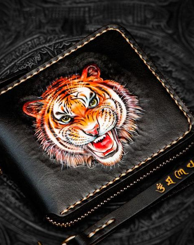 Handmade Leather Tiger Tooled Mens billfold Wallet Cool Clutch Wristlet Bag Chain Wallet Biker Wallet for Men