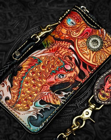 Handmade Leather Tooled Carp Mens Chain Biker Wallet Cool Leather Wallet Long Phone Wallets for Men