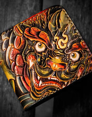 Handmade Leather Chinese Lion Tooled Mens Small Wallet Cool Leather Wallet billfold Wallet for Men