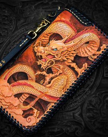 Handmade Leather Tooled Chinese Dragon Chain Wallet Mens Biker Wallet Cool Leather Wallet Long Phone Wallets for Men