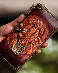Handmade Leather Tooled Ganesh Mens Chain Biker Wallets Cool Leather Wallet Zipper Long Wallets for Men
