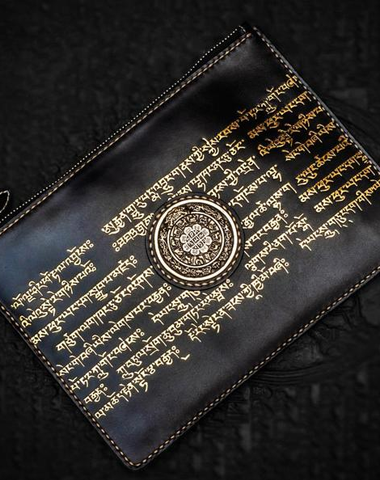 Handmade Leather Tibet Scriptures Tooled Wristlet Bag iPad Bag Mens Cool Leather Wallet Long Clutch for Men