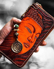 Handmade Leather Mens Tooled Buddha&Demon Chain Biker Wallet Cool Leather Wallet Long Clutch Wallets for Men