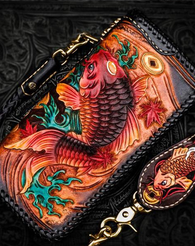 Handmade Leather Tooled Carp Mens Chain Biker Wallet Cool Leather Wallet Long Phone Wallets for Men