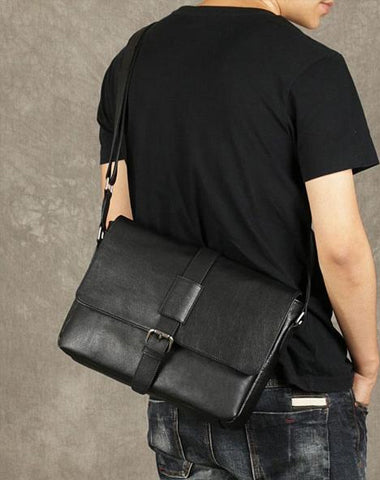 Black Leather Mens Cool Messenger Bag Shoulder Bag Bike Bag Shoulder Bag for men