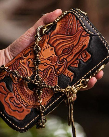 Handmade Leather Tooled Chinese Dragon Mens Chain Biker Wallet Cool Leather Wallet Zipper Long Phone Wallets for Men