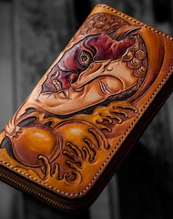 Handmade Mens Long Leather Wallet Cool Buddha&Demon Tooled Wallet Long Zipper Wallets for Men